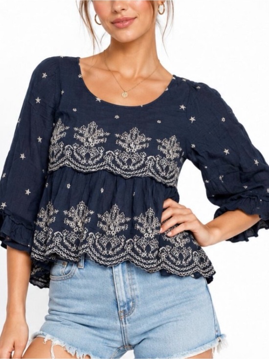 American Eagle Outfitters Tops - American eagle boho Embroidered Navy Peasant Top - Women